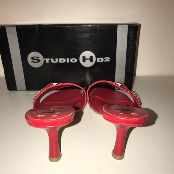 Red Studded Slide Low Heels - Picture 5 of 7